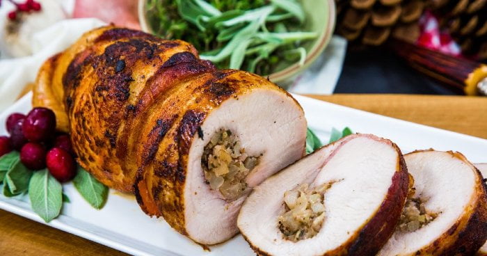 Bacon-Wrapped Turkey Breast Stuffed with Pear Hash- cooking the turkey